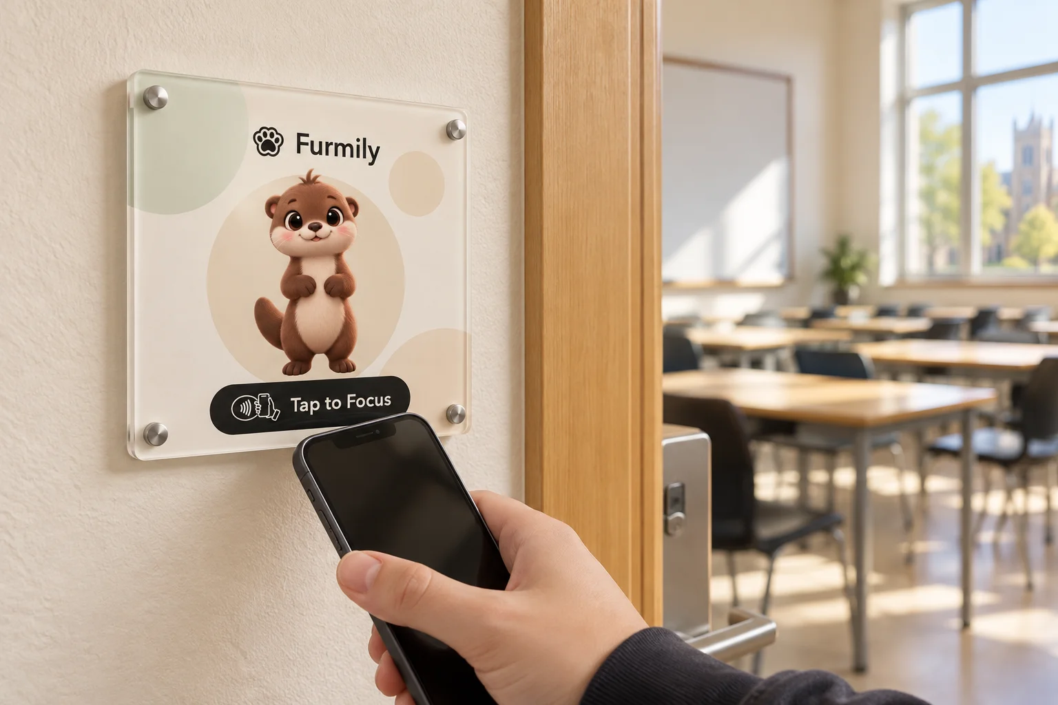 A phone tapping a Furmily NFC plaque mounted beside a classroom entrance